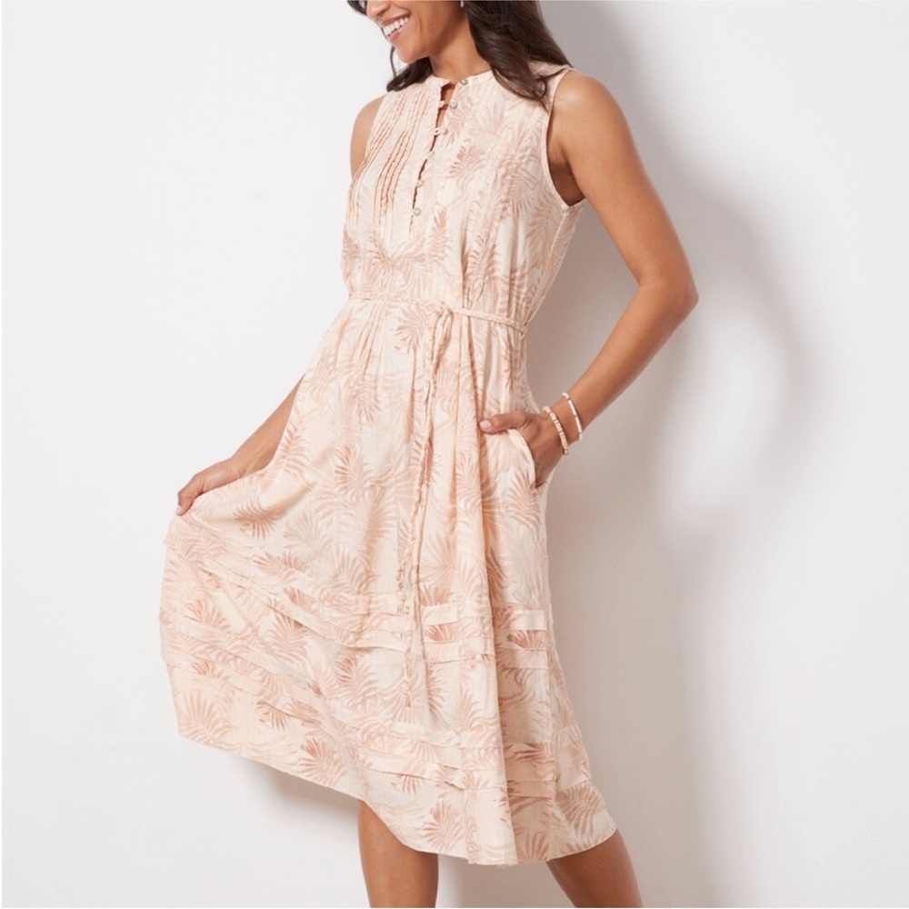 NWT Faherty Isha Sleeveless Linen Blend Midi Dress in Peach Palms Print Small